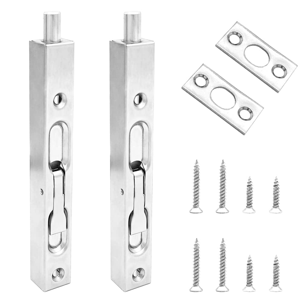 KtbeYTi 2 Pcs 6 inch Stainless Flush Bolt Latch Lock Concealed Door Security Bolts Concealed Sliding Bolt Lock for French Doors, Composite Doors, Wooden Doors, Double Doors (Silver)