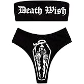 JUMISEE Women Skull Letter Pattern Goth Bikini Set 2 Piece High Waist Bandeau Swimsuit