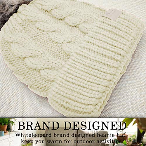 Whiteleopard Kid Beanie Hats Lining Pom Pom for Children -Slouchy Cable Knit Toddler Skull Hat Baby Ski Cap for Girls Boys (White) - Thumbnail 4