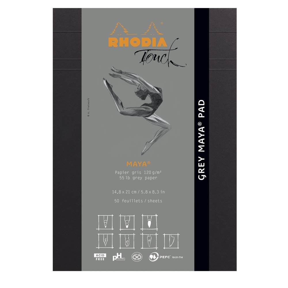 RHODIA TOUCH 116106C - Block Gray Maya Pad A5 - 50 Sheets - Clairefontaine Maya Plain Gray Paper 120 g/m - for Calligraphy and Precise Drawing with Pencil, Liner, Pen