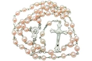 PDTXCLS CB Catholic Catholic Rosary, Great for Women or Girls. Miraculous Pink Glass Beads with Metal Crucifix