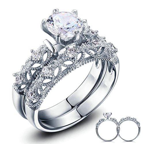 925 Sterling Silver Ring, Women's Wedding Bands Round White CZ Silver Hollow Out Set Size 7 Epinki