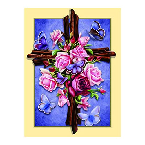 Adarl DIY 5D Diamond Painting by Number Kit, Full Drill Rose Floral Cross with Butterfly Rhinestone Embroidery Cross Stitch Supply Arts Craft Canvas Wall Decor
