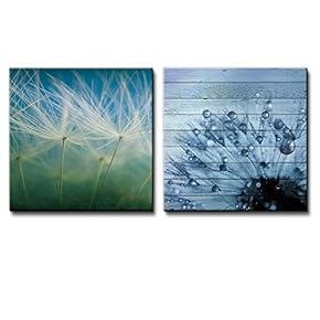 Dandelions on a Blue and Green Gradient Along with a Dandelion Covered in Rain Drops Over Wooden Panels - Canvas Art Home Art - 12x12 inches