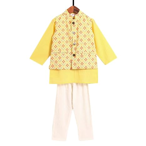 Amber By Hopscotch Boys Cotton Kurta With Floral Jacket And Pajama (Set Of 3) in Yellow Color