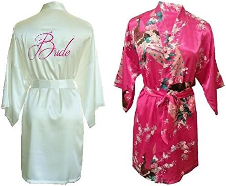 FETE FABULOUS Set of 2 Satin Kimono Dressing Gowns/Robes- 1 Ivory Embroidered "BRIDE" & 1 Peacock Design, Wedding Gift/Favour for Bride & Bridesmaid