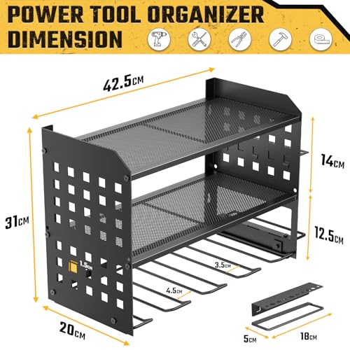 Yeabett 3 Level Tool Wall Mount, Tool Storage for 4 Power Tools, Tool Wall Mount for Garage, Workshop, 42.5 x 20 x 31 cm (Black)