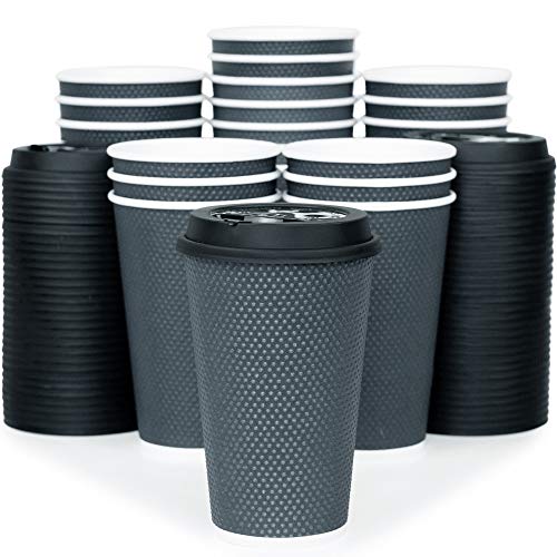 Glowcoast Disposable Coffee Cups With Lids - 16 oz To Go Coffee Cup With Lid (70 Set). Large Togo Travel Paper Hot Cups Insulated For Hot and Cold Beverage Drinks, No Sleeves Needed (Dusk Grey)