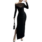 GORGLITTER Women's Mesh One Shoulder Long Sleeve Maxi Dresses Elegant Classy Festival Fall Formal Bodycon Long Dress