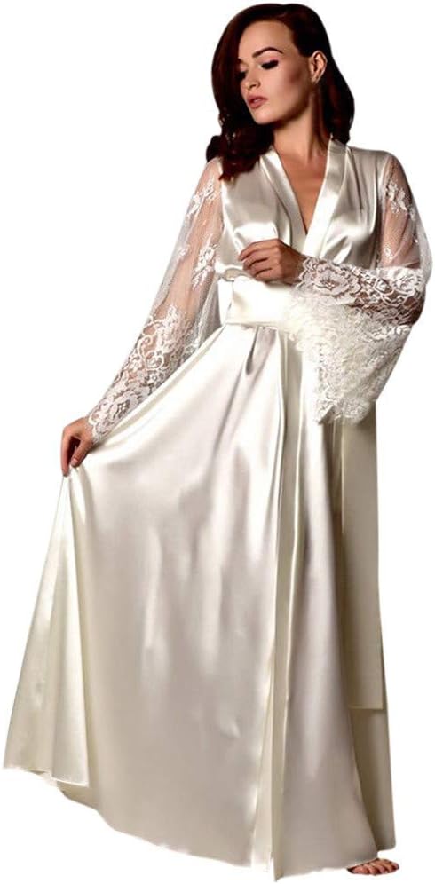 New Lingerie Women's Lace Long Nightdress Silk Ladies Satin Patchwork Nightgown Sleepwear Sexy Robe Ladies Cute Hot Tops