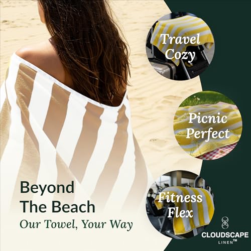 Cloud Scape Linen 6 Pcs Oversized Cotton Beach Towel Set | Quick Dry, Highly Absorbent & Extra Large 76x152 cm Pool Towels | Beige Cabana Stripe for Family, Travel, Gym, & Picnic
