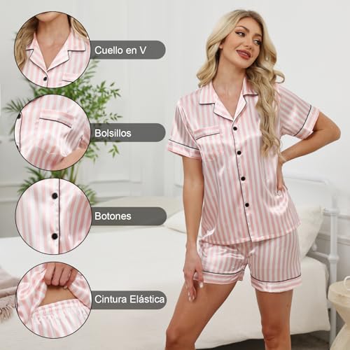 Tefola Pijama de Mujer de Satén de Seda Sintética- Pijama de Seda Satinada con Mangas Cortas y Botones, Ropa de Dormir, Pijamas de Dos Piezas