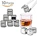 Whiskey Stones Ice Cubes, Set of 10 Stainless Steel Ice Cubes Reusable Chilling Frozen Rocks for Whiskey Wine Beverage Juice or Soda, Nonslip Rubber 'n Tongs & Plastic Storage Tray Silver