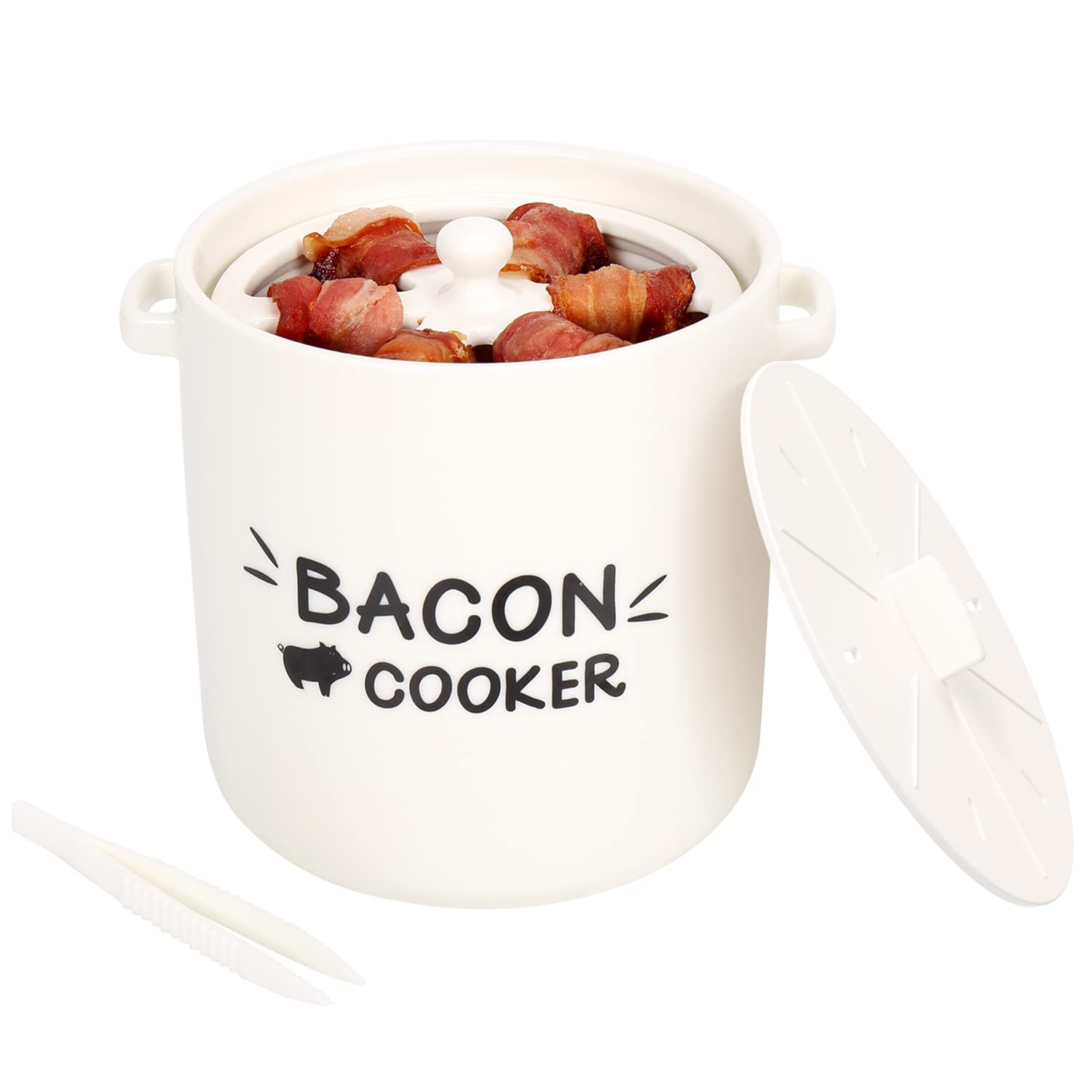 Photo 1 of SOLIGT Ceramic Bacon Cooker for Microwave Oven - Splatter-Proof Design Microwave Bacon Cooker with Lid and Bonus Tongs - Easy Faster Bacon Maker for Yummy Crispy Bacon