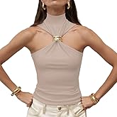 Yeshire Womens Going Out Tank Tops Outfits Halterneck Trendy Slim Fit Sleeveless Hollow Out Clubwear