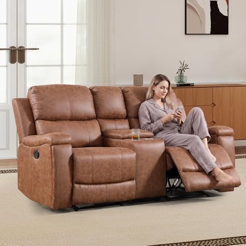 CANMOV Leather Recliner Loveseat, Manual Reclining Sofa with Hidden Cup Holders & Storage Console, Padded Headrest & Lumbar Support Recliner Couch for Living Room, Home Theater, Brown (Loveseat)