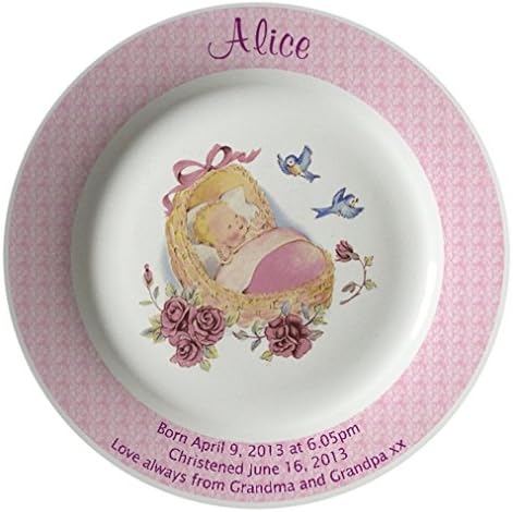 Personalized Birth Plate with a pink rim - Pink Cradle design