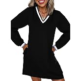 EVALESS Womens Dresses 2026 Spring Fall V Neck Long Sleeve Casual Tshirt Dress Contrast Striped Sweatshirt Dress