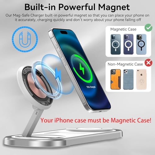 Cargador inalámbrico 3 en 1, estación de carga plegable para Magsafe para iPhone 17/Air/16/15/14/13/12 Serie, Apple Watch 11/10/9/8/7/SE 3/SE 2/SE/6/5/4/3/2/1/Ultra 3/Ultra 2/Ultra, AirPods pro/2/3/4