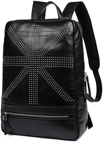 Fashion Genuine Leather Backpack School College Bookbag Black Casual Hiking Daypacks Rivet Laptop Computer Backpack 180-1 (Black)