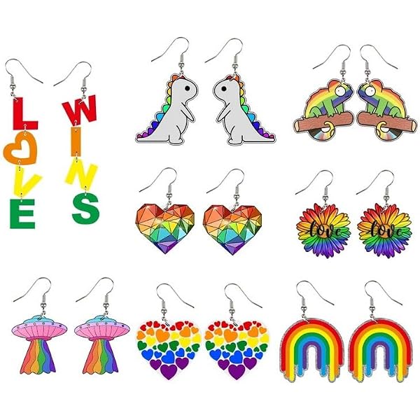 Yinkin 12 Pairs Rainbow Gay Pride Earrings LGBTQ Mesh Drop Clip On Lightweight Chain Rainbow Dangle Round Heart Lightning Drop Earrings For Women Men
