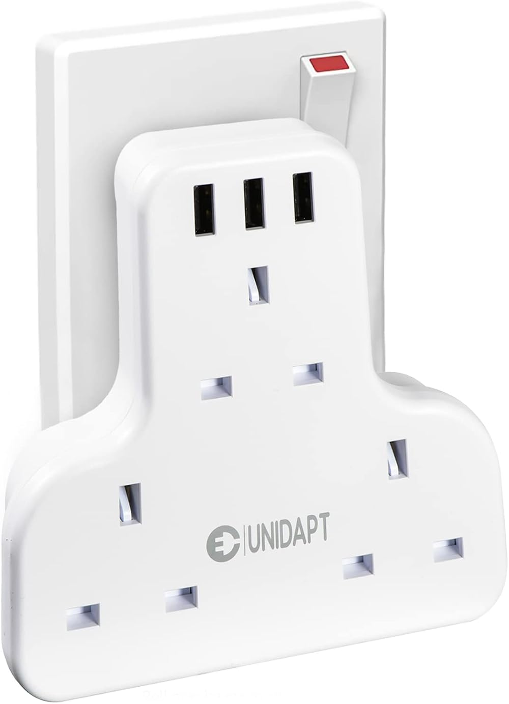 Unidapt 3 Way Socket Extension with 3 USB Ports UK 3 Pin G Plug 6-in-1 White
