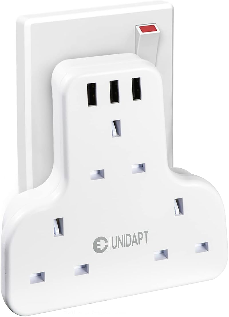 Unidapt 3 Way Socket Extension with 3 USB Ports UK 3 Pin G Plug 6-in-1 White