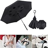 HeeBin Fashion Straight Rod Double Layer Inverted Umbrella With C-Shaped Hands Free Handle (2.Black)