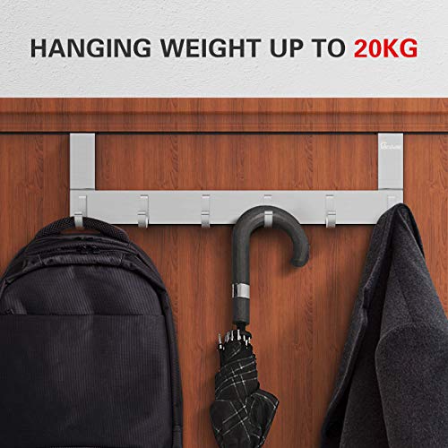 Door Hooks Hanger Rack, Anjuer Aluminum Utility Organizer Holder for Kithchen Bathroom, 6 Hooks Over the Door Hanger Silver