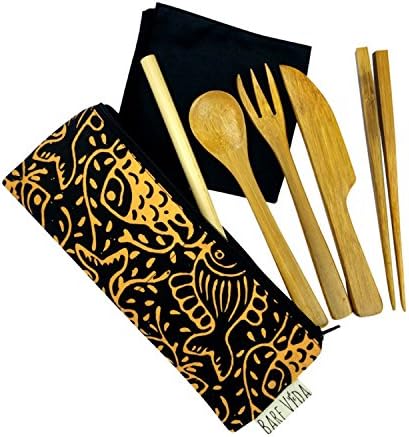 Bamboo Utensil Set with Straw, Napkin & Carry Case by Bare Vida - Knife, Fork, Spoon, Chopsticks, Straw & Napkin - Eco Friendly Gift - 100% Organic Bamboo Cutlery Set - Made in Bali (Black/Yellow)