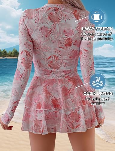 SEAUR Women Long Sleeve One Piece Skirted Swimsuit Zip Up Rash Guard Printed Modest Bathing Suits Ladies Padded Quick Drying Swimming Dress with Built in Shorts