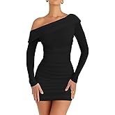 LCNBA Women's Sexy One Shoulder Mesh Long Sleeve Ruched Bodycon Club Party Mini Dress