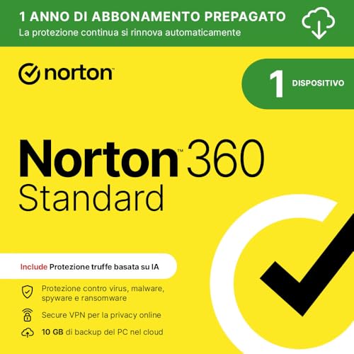 Norton 360 Standard 2026| Antivirus 1 dispositivo| 1 anno rinnovo automatico|Digital Download