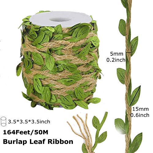 Ariskey Burlap Leaf Ribbo, 164Feet/50Meters Natural Jute Twine with Green Leaves for Wedding Packing and Garden Decoration Twine