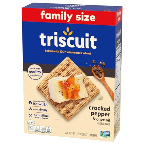 TRISCUIT CRACKED PEPPER & OLIVE OIL WHOLE GRAIN WHEAT CRACKERS, LUNCH SNACKS, SNACK CRACKERS, FAMILY SIZE, 12.5 OZ
