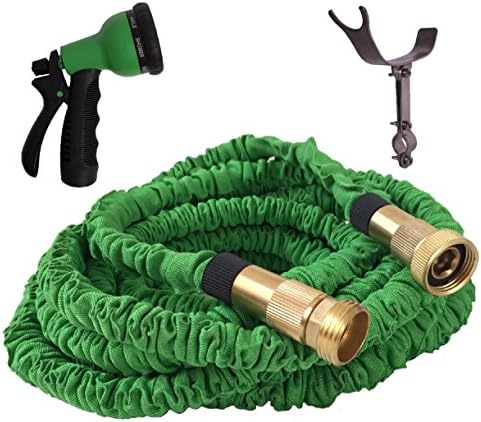100 FOOT GREEN EXPANDABLE Garden Hose, Strongest Expanding Hose, Stainless Steel Holder (pat pend), Brass Fittings with Strain Reliever, Rugged Nylon Fabric, Double Latex Core, 8 Way Sprayer (Green)