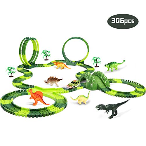 Lydaz Dinosaur Race Car Track Toy Mega Set 306 Pcs, Dual Loops 6 Dinosaurs Figures Flexible Train Track for Kids Boys Girls 3 Years Old and Up - Thumbnail 7
