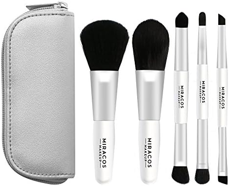 Miracos Makeup Portable Mini Face Makeup Brushes Kit with Travel Case 5 Pcs - Synthetic Hair, White