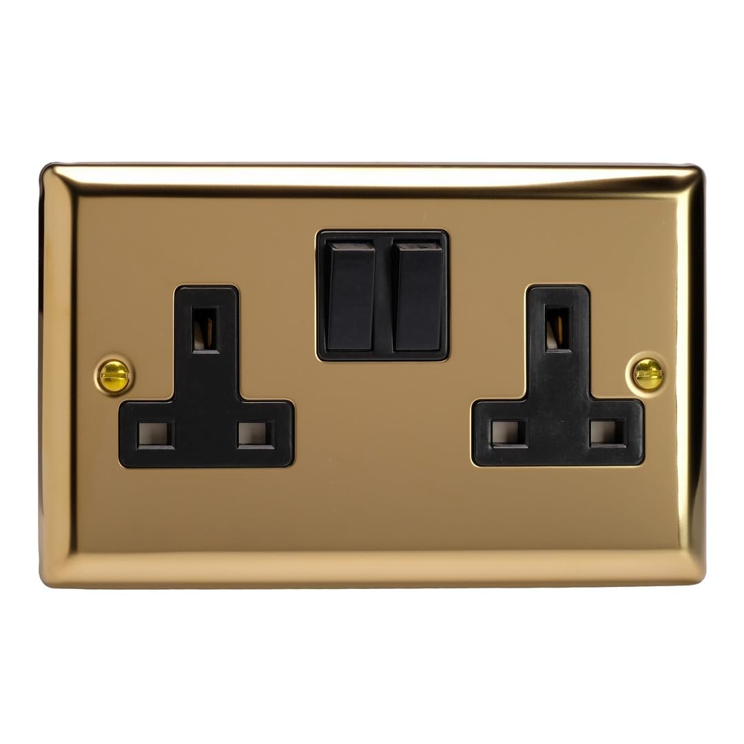 XV5B - Varilight - Classic - Victorian Brass - 2 Gang 13A Double Plug Socket - Black Inserts