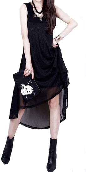 Amazon Kimberley ワンピース ノースリーブ 膝丈 M 黒 テールカット ラメ Aライン ドレス セクシー カジュアル ワンピース チュニック 通販