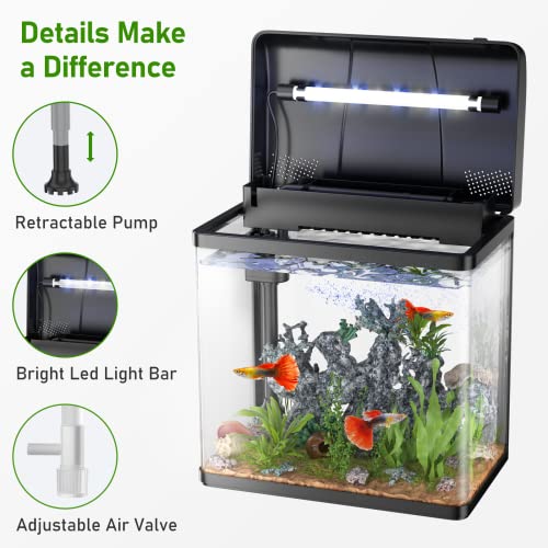PONDON Fish Tank, 3 Gallon Glass Aquarium with Air Pump, LED Cool