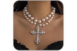 ANGLEQUEEN Gothic Cross Necklaces Layered Pearl Beads Cross Pendant Necklaces Punk Vintage Cross Chain Necklace Chunky Cross Necklace Gothic Jewelry for Women