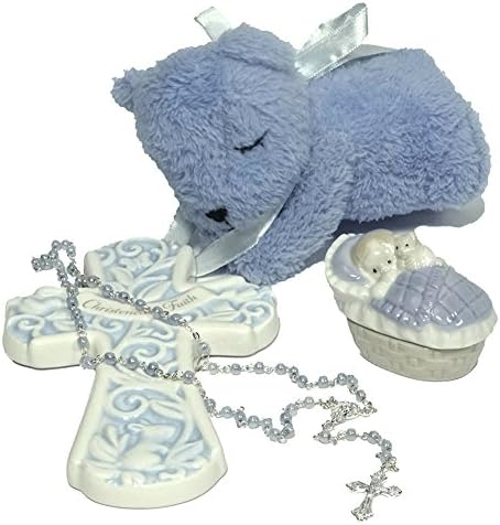Baby Christening/Baptism Gift Set with Crib Wall Cross, Praying Bear and Rosary Beads in Keepsake Box for Christening Boys and Girls (Blue)