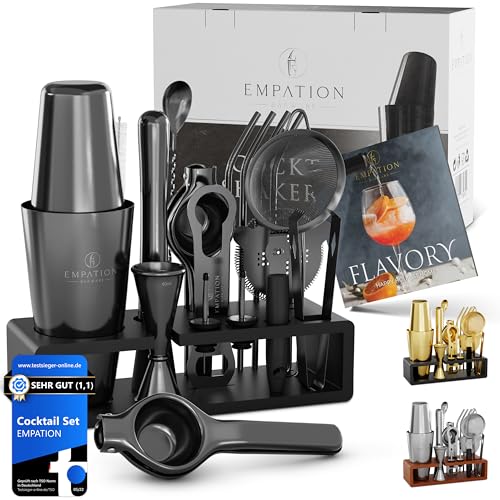 EMPATION Cocktail Set Schwarz [TESTSIEGER], 825ml Cocktail Shaker mit Bar Zubehör für Cocktails, Bartender Set mit Profi Boston Shaker, Barkeeper Set,