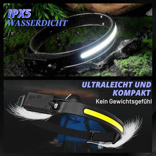 Pack of 2 Headlamp LED Rechargeable, Super Bright 2000 Lumens, 5 Light Modes, 1200 mAh, 230° Ultra Lightweight Headlamp, IPX4 Waterproof Headlamp, Ideal for Camping, Running, Fishing, Jogging