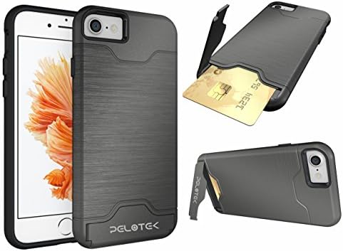 iPhone 7 plus case, Pelotek tough armor dual layer Credit /ID card slot with durable Kickstand brushed metal pattern [scratch resistant] charcoal grey/silver protective case (card silver i7 plus)