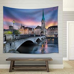 Zurich Image of Zurich, Capital of Switzerland, During Dramatic Sunset - Fabric Wall Tapestry Home Decor - 51x60 inches
