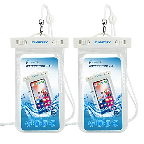 Fugetek Universal Waterproof Cell Phone Case Pouch, IPX8, Dry Bag for iPhone 6, 7, 8, X, and Android Samsung Galaxy, Pixel, HTC Smartphones, White, (2 Pack)