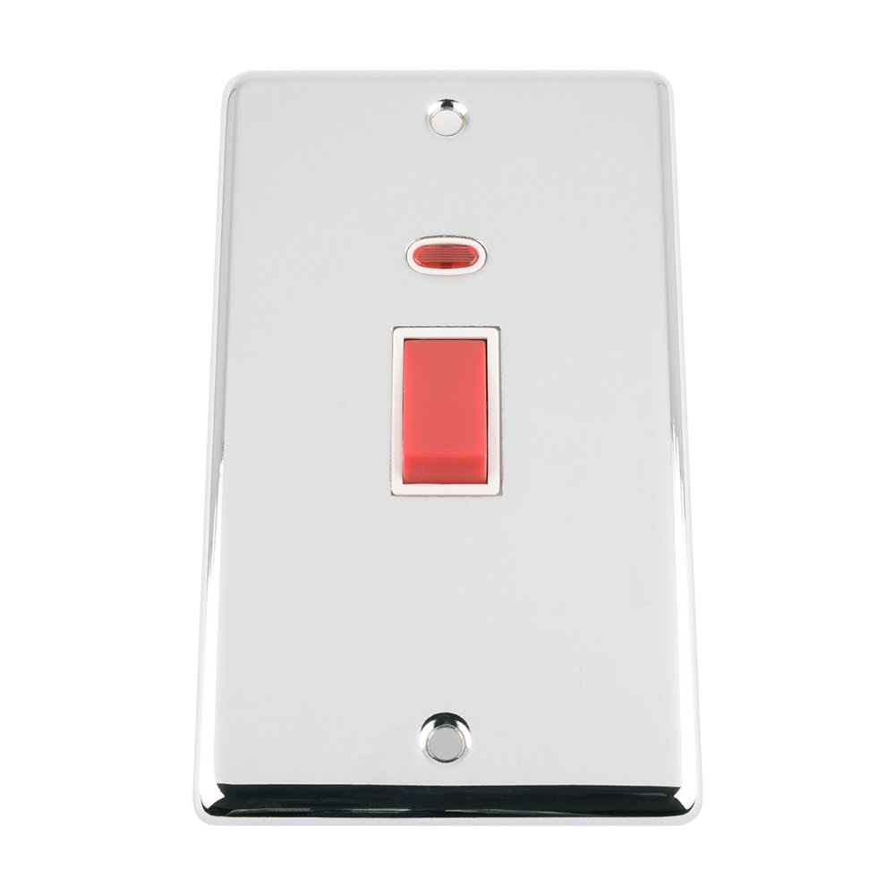 A5 Cooker Switch Tall Plate - Polished Chrome - Classic - White Insert - 45A with Neon Indicator