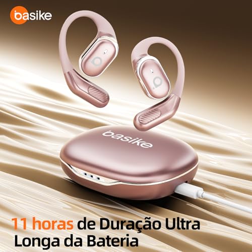 Fone De Ouvido Bluetooth Esportes, Basike T6, IPX5/OWS Fone de Ouvido Estéreo Hi-Fi, Suporta Chamadas de Voz, 60 Horas em Standby Para Corrida e Exercícios ao Ar Livre (Ouro Posa)